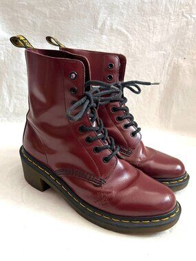 Dr Martens boots Clemency womens 8 cherry red leather lace up block heel docs